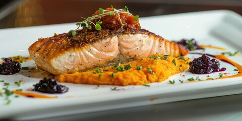 Salmon steak with crispy golden crust served with velvety pumpkin puree tangy red berry sauce and fresh herbs on a pristine white platter