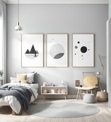 mock poster frame in kids bedroom scandinavian style interior background. 3d rendering