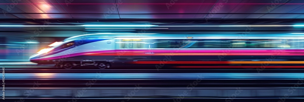 Poster electric train speeding through a busy commuter station at a road intersection, captured from the si