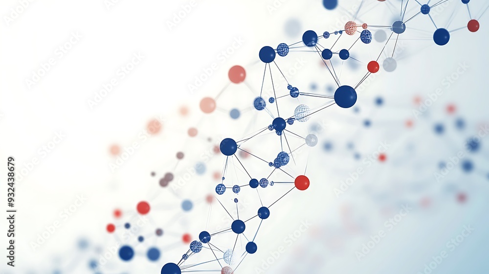 Poster abstract background of interconnected dots and lines in blue, red, and grey.