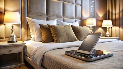 Modern smartphone resting on a luxurious hotel bed, surrounded by plush pillows and a stylish nightstand, epitomizing relaxation and comfort in a luxurious travel environment.