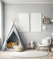 mock poster frame in kids bedroom scandinavian style interior background. 3d rendering