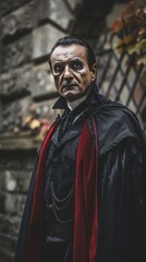 Fototapeta premium The man dressed as Dracula exudes a mysterious aura while posing against a stone backdrop adorned with autumn leaves