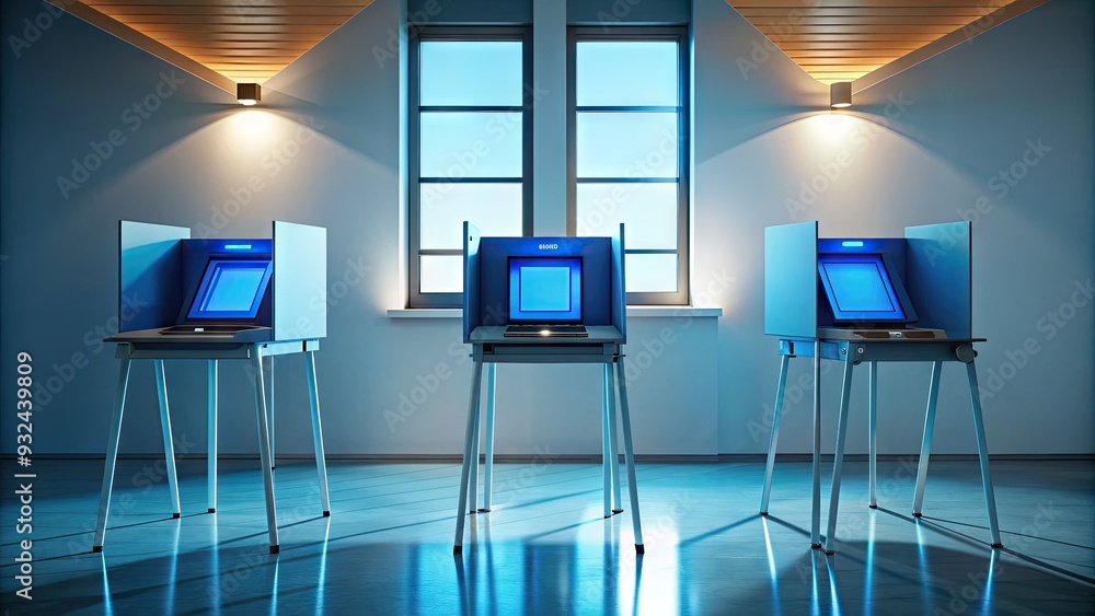 Poster modern touchscreen voting booth with electronic ballot display and secure login system, illuminated 
