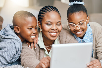 Home, mother and kids with tablet, black family and typing with connection, internet and social media. African people, single parent or mama with children, tech or online reading with ebook for story