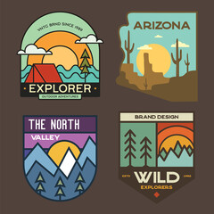 Set of retro camping badges featuring various wilderness-themed designs including mountains, forests, Arizona desert and outdoor activities. Stock travel labels