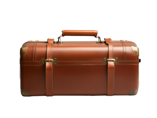 old-fashioned travel trunk with leather straps and brass accents isolated on transparent background