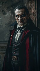 The man in Dracula attire poses confidently, complete with fangs and a cape, embodying the classic vampire character