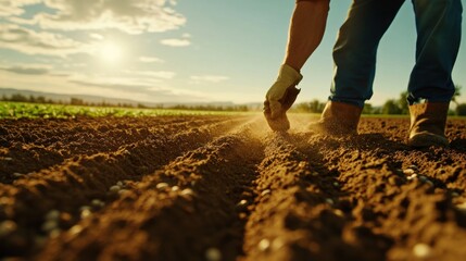 Planting Seeds in a Field at Sunset