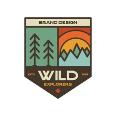 Retro camping badge featuring wilderness-themed design including wildlife elements. Stock travel label isolated on white background