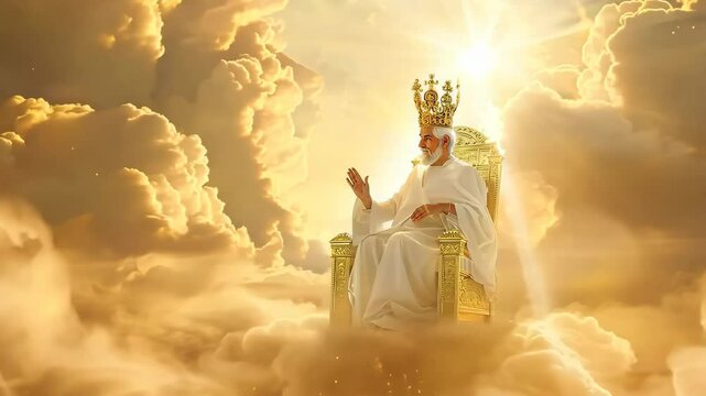 Jesus Christ sitting on the throne in heaven in divinity light and welcoming his followers. Second coming of Jesus Christ. Biblical scene. Christian religion concept