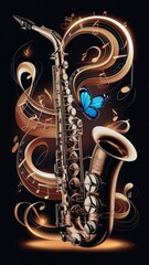 saxophone with vibrant yellow Morpho butterfly gracefully perched on its neck. Notes and staff around.