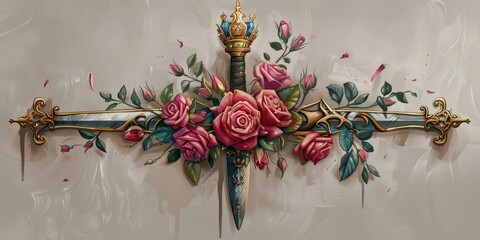 Rose Crown Sword Tattoo Design