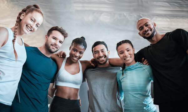 Group, portrait and diversity for workout, gym training and exercise class or healthcare for bonding and wellness. People, smile and motivation for sports, teamwork or support for collaboration