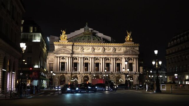 Paris, France. View of the Grand Opera facade at night