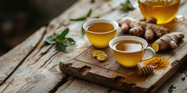 Close up of green tea with ginger turmeric and honey on a wooden board