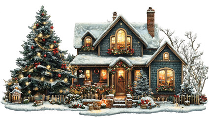 Fototapeta premium Beautiful house surrounded by snow, decorated with lights and garlands and a huge Christmas pine tree.