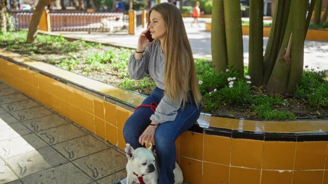 A beautiful young caucasian woman with blonde hair talking on her phone while sitting on a bench in an urban park with her canine pet on a sunny day.