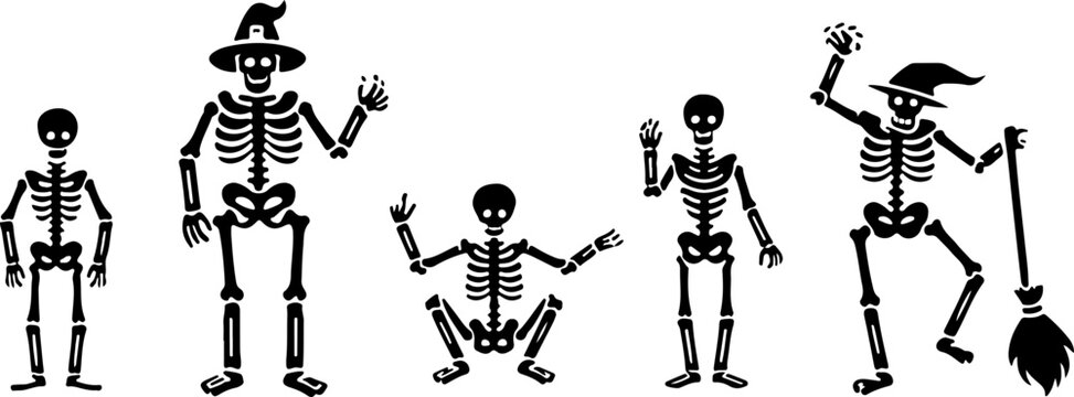 Set de squelette amusant pour halloween, silhouette noir sur fon blanc isol&eacute; 