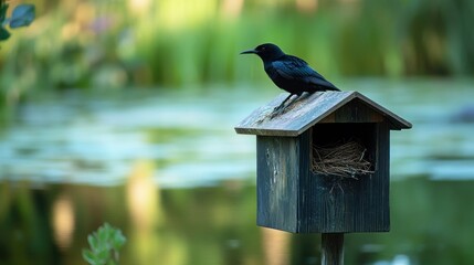 Black Bird Perched on a Birdhouse