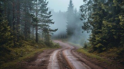 Obraz premium A winding dirt path in a dense forest enveloped in thick morning mist, creating a mysterious and tranquil atmosphere..