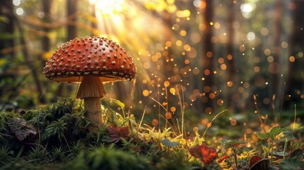 A vibrant red mushroom stands illuminated by magical sunlight in a forest, surrounded by soft, glowing bokeh..
