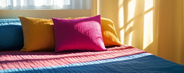 Colorful bed with vibrant pillows in sunlight