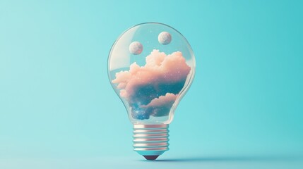 A creative light bulb filled with clouds, symbolizing ideas and inspiration against a vibrant backdrop.