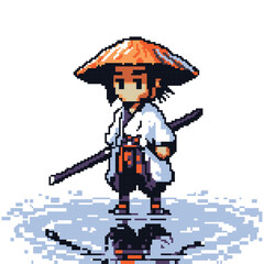 Obraz premium Cute Pixelated Little Monk with Staff Standing on Water in Pixel Art Style