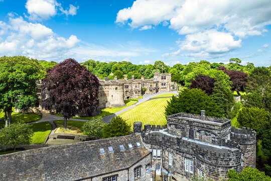 Skipton Castle from a drone, North Yorkshire, England