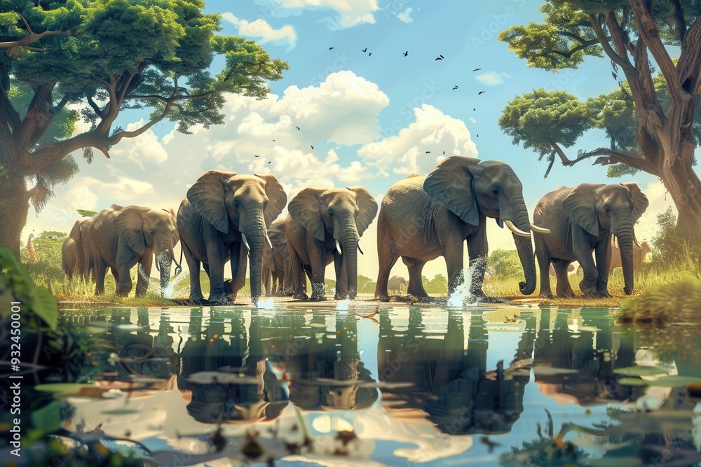 Poster elephants gather near the water, splashing and drinking under a bright sky surrounded by trees in a 