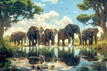 Elephants gather near the water, splashing and drinking under a bright sky surrounded by trees in a vibrant setting. Generative AI
