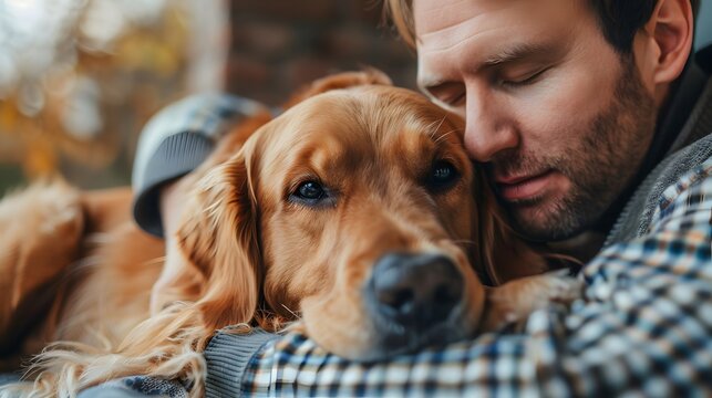 Man dog handler cuddling golden retriever at park. Male behavior specialist hugging big breed dog. Dog sitting and pet care service. Young guy spending time together with puppy