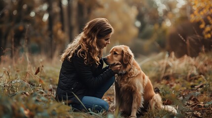 Woman dog handler with golden retriever at park. Female behavior specialist teaching dog sit command. Dog sitting and pet care service. Young adult girl spending time together with puppy