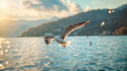 A seagull soars over tranquil water during sunset, capturing the essence of freedom, nature, and peacefulness in flight..