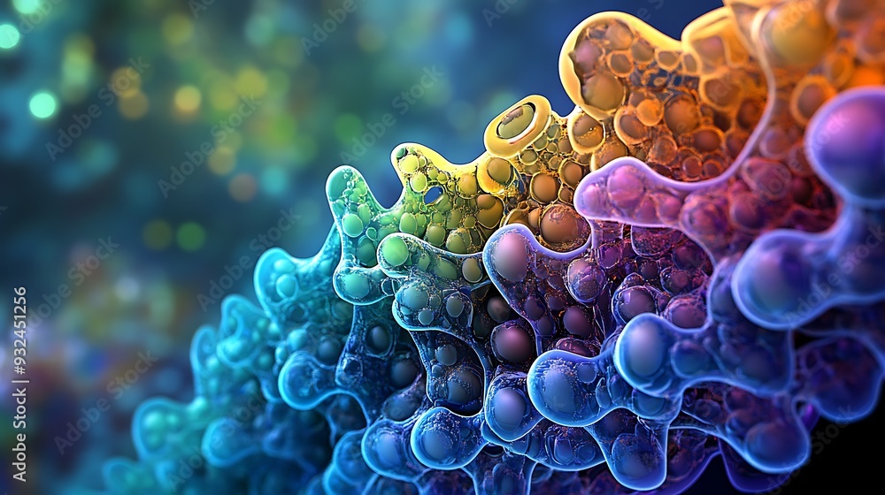Poster abstract colorful 3d illustration of a complex molecular structure.