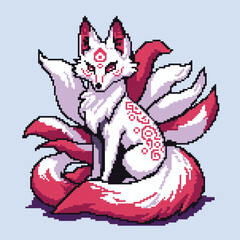 Pixelated Mystical Nine-Tailed Fox Pixel Art Illustration Vector