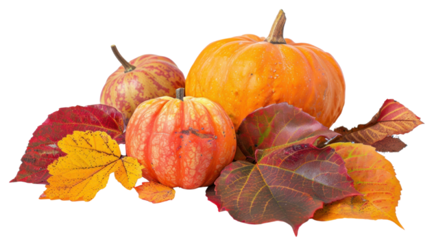 Autumn pumpkins with colorful leaves