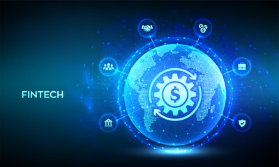 Fintech. Financial technology. Global online banking and crowdfunding. Business investment banking payment technology concept. World map point line composition. Earth planet globe. Vector illustration