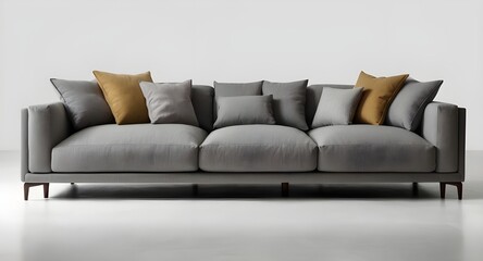 Contemporary gray three-seater sofa with lots of cushions.