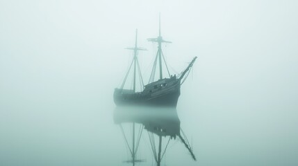 Naklejka premium A ghost ship in foggy waters, mysterious, eerie, abandoned, drifting, spectral
