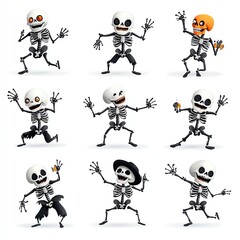 Playful skeletons in various poses, perfect for Halloween themes, decorations, and festive illustrations.