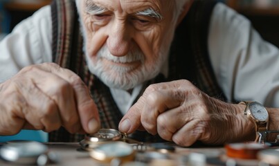 Elderly Male Watchmaker Adjusting Gears in Vintage Watch at Cluttered Workshop
