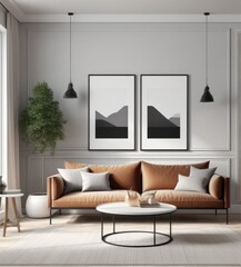 poster frame mock-up on modern living room interior. minimalist fucnitures