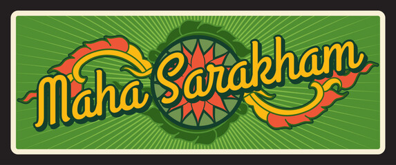 Maha Sarakham or Mahasarakham province central northeastern Thailand vector travel plates, tourist destination. Thai temple emblem, Asian flower tin plate and vintage banner