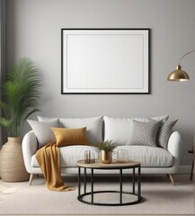 poster frame mock-up on modern living room interior. minimalist fucnitures