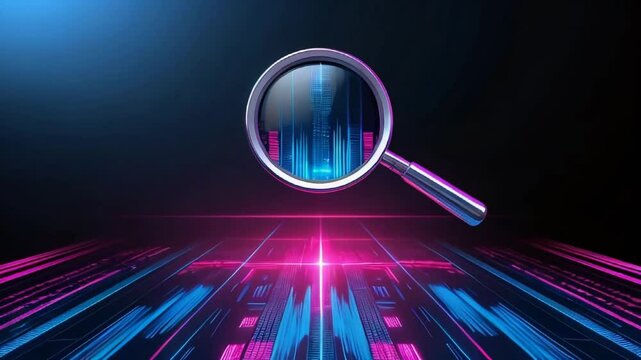 Data analysis, search engine optimization or SEO. magnifier, charts, graphs. ultraviolet and neon screen. digital software development. Social media marketing. Ads. Research. E-commerce. Concept