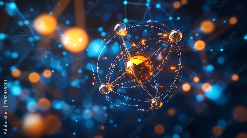 Poster abstract digital network with glowing spheres and lines on a dark blue background.