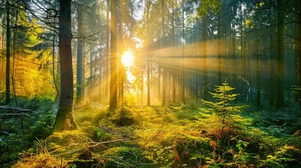 Obraz premium Beautiful forest panorama with bright sun shining through the trees , ai