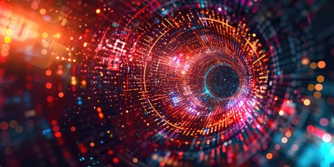 Obraz premium Modern Aesthetic Circular Image Integrating Elements of Artificial Intelligence, Cyber Security, Ransomware, and Generative AI in Vivid Colors with a Prominent Focal Point